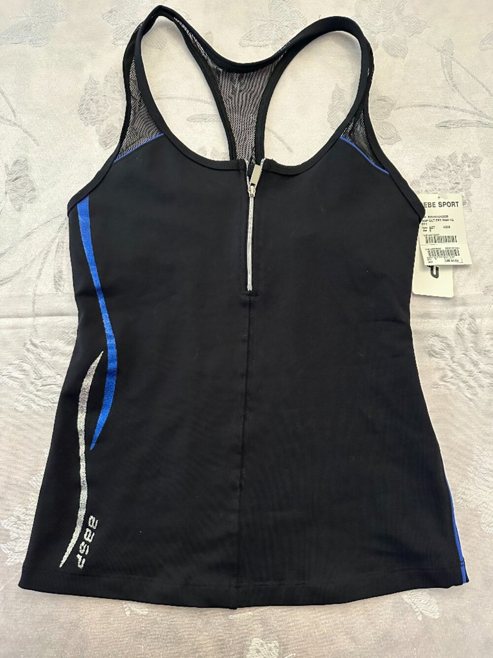 NWT Bebe Sport Black Blue Mesh Racerback Zip Tank Top Y2K Small